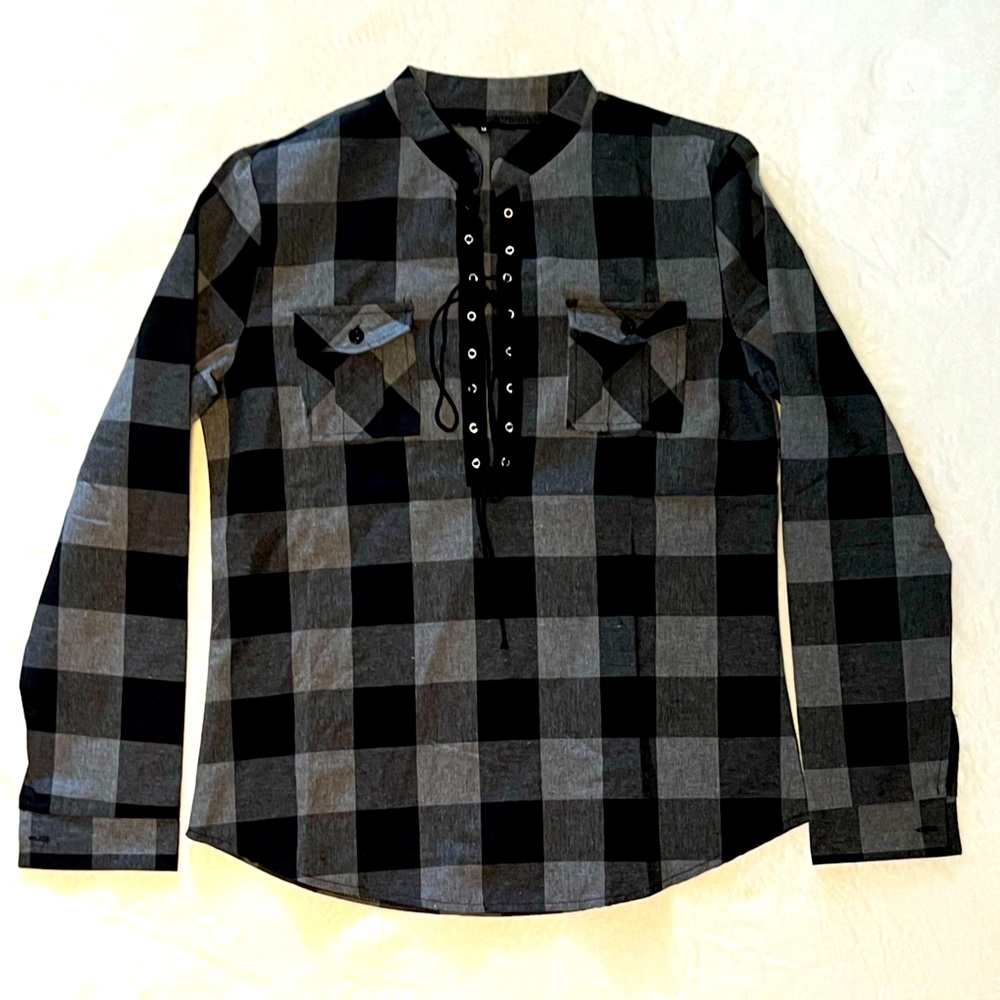Gray and black plaid long sleeve lace up front top
